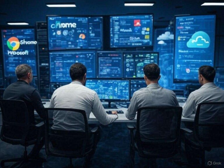 Un centro operativo high-tech dove analisti della sicurezza monitorano schermi che mostrano notifiche di aggiornamento da Chrome, Microsoft, Veeam, Broadcom e Cloudflare.