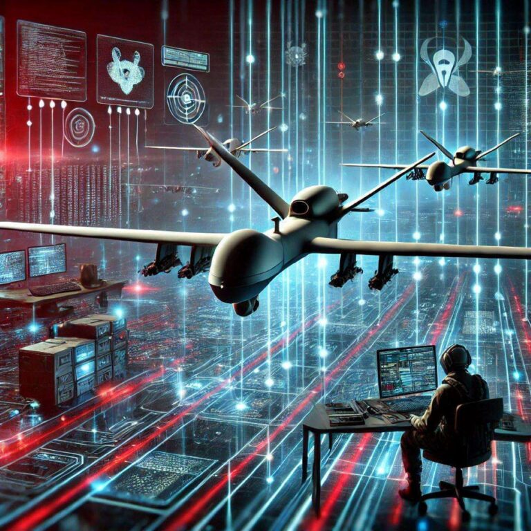 DALL·E 2025 03 07 09.51.43 A high tech digital illustration depicting the intersection of drones and cyber threats in military espionage and cyberattacks. The image features a f