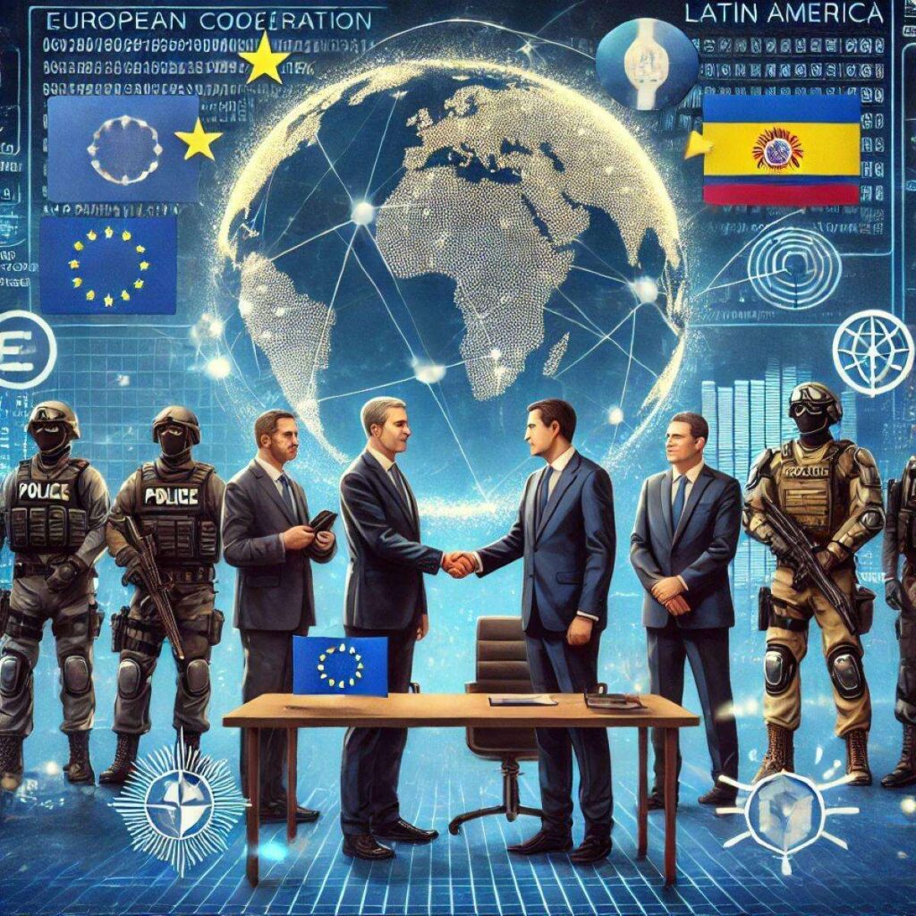 DALL·E 2025 03 09 07.46.20 A diplomatic and security themed digital illustration depicting the European Union strengthening cooperation with Latin America in the fight against o