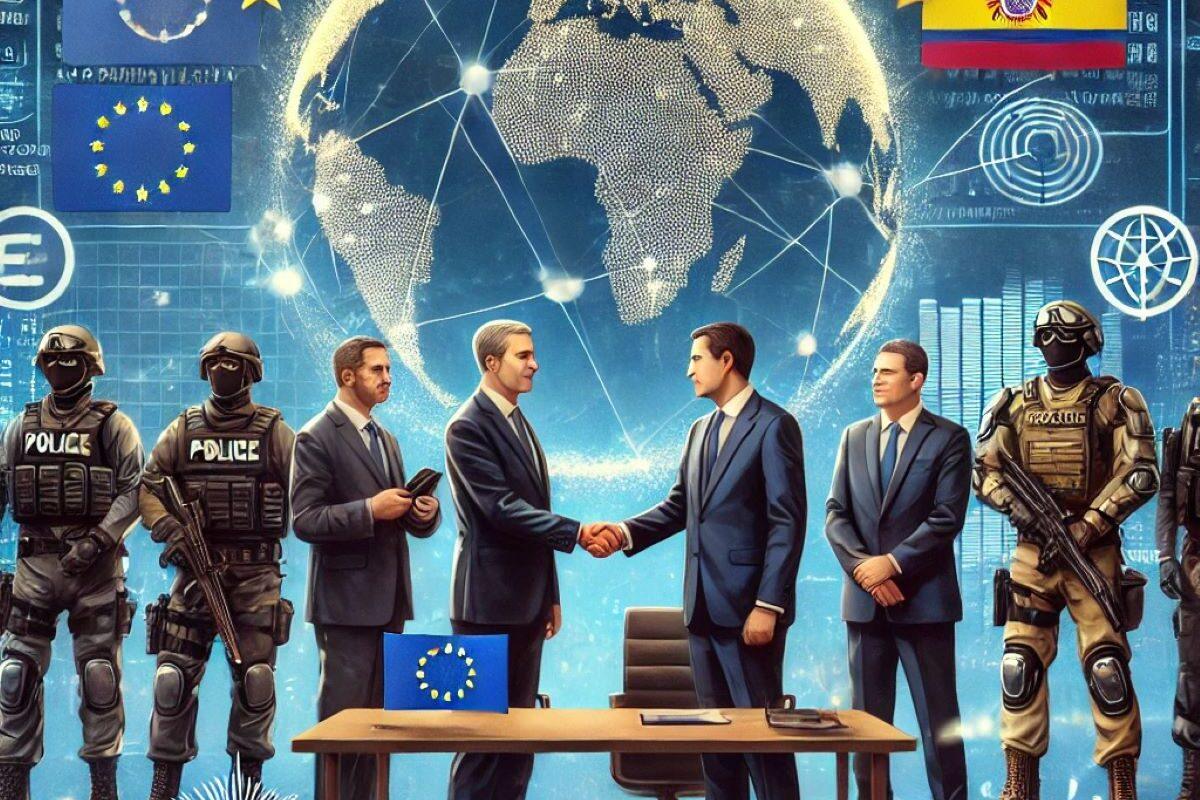 DALL·E 2025 03 09 07.46.20 A diplomatic and security themed digital illustration depicting the European Union strengthening cooperation with Latin America in the fight against o