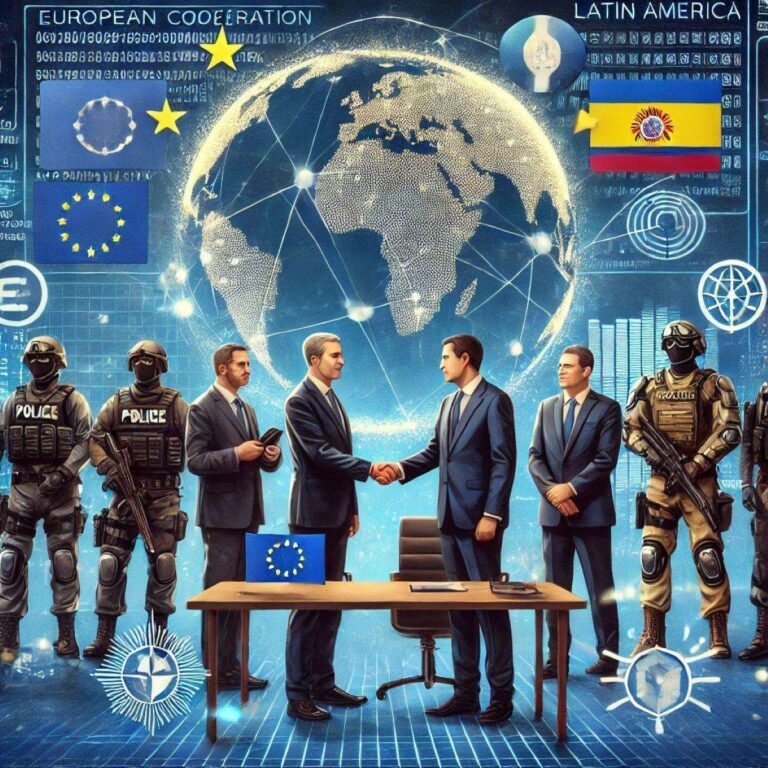 DALL·E 2025 03 09 07.46.20 A diplomatic and security themed digital illustration depicting the European Union strengthening cooperation with Latin America in the fight against o