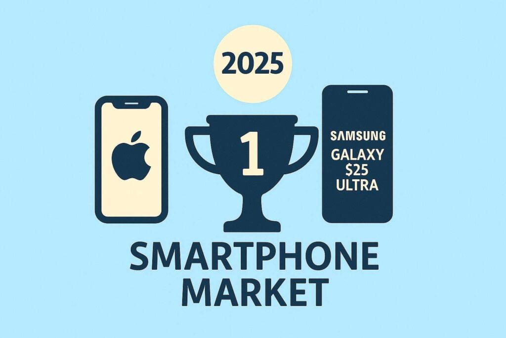 iPhone 16 domina il mercato nel Q1 2025, Galaxy S25 Ultra solo settimo 2 a number and a trophy with a cell phone and a cell phone