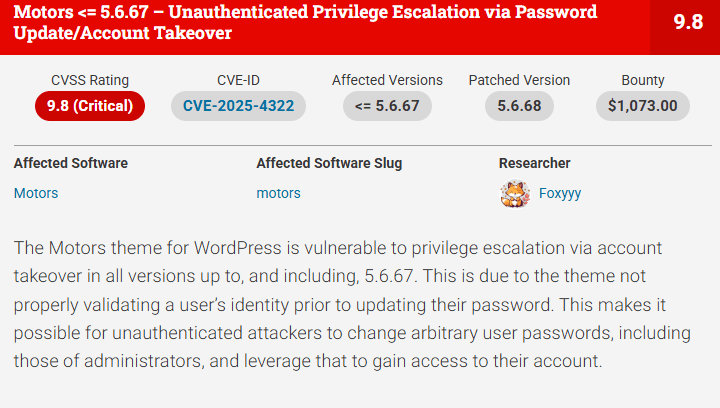 WordPress, rischio critico nel tema Motors: exploit di massa e takeover siti. AGGIORNATE 6 image 526