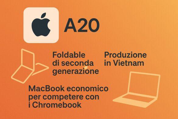 Apple rivoluziona la lineup con chip A20, foldable di seconda generazione, produzione in Vietnam e MacBook economico per competere con i Chromebook.