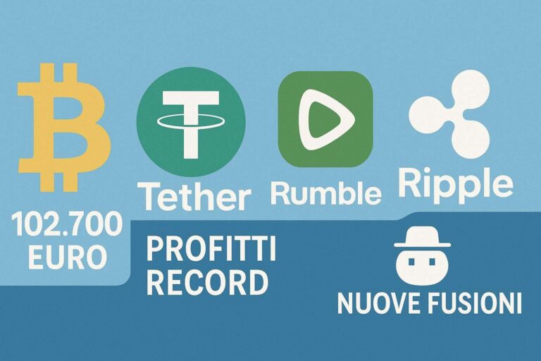 Bitcoin supera i 102.700 euro Tether prevede profitti record e acquisisce Rumble mentre Ripple e Pump.fun guidano le nuove fusioni nel mercato crypto
