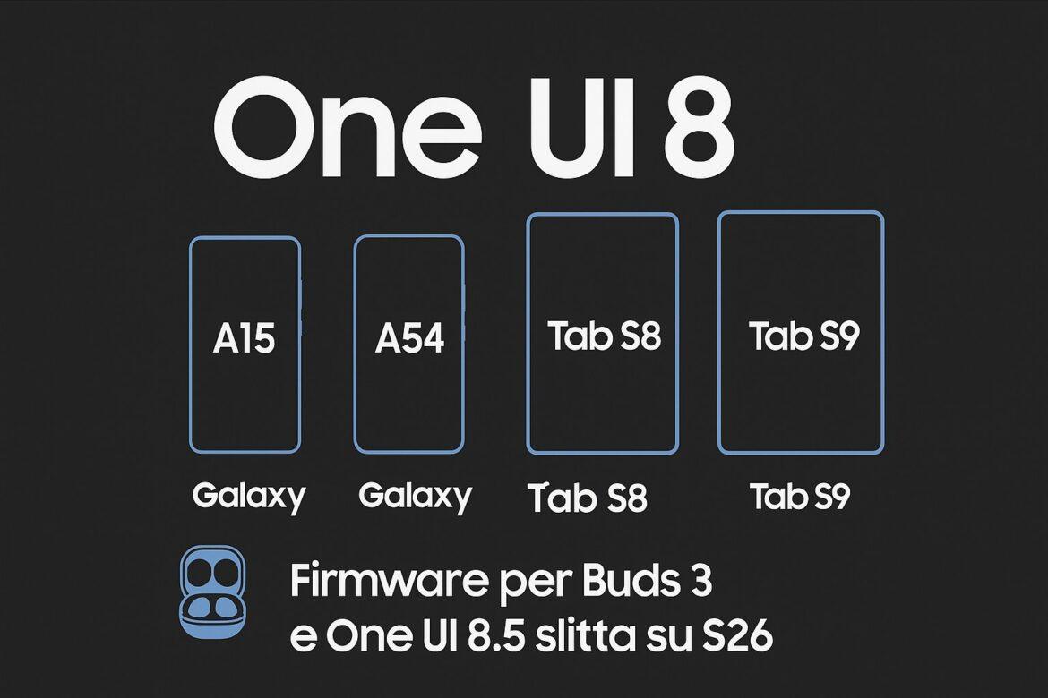 One UI 8 su Galaxy A15, A54, Tab S8, Tab S9, firmware per Buds 3 e One UI 8.5 slitta su S26