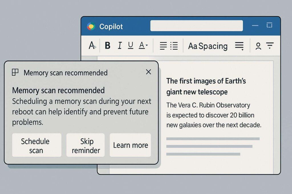 Windows 11 con Copy Search e diagnostica memoria