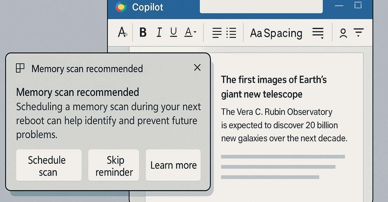 Windows 11 con Copy Search e diagnostica memoria