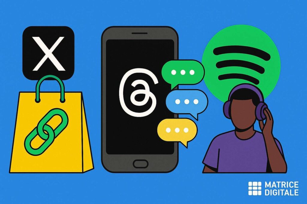 X introduce link smart e marketplace Threads apre alle chat di gruppo e Spotify aggiorna AI DJ