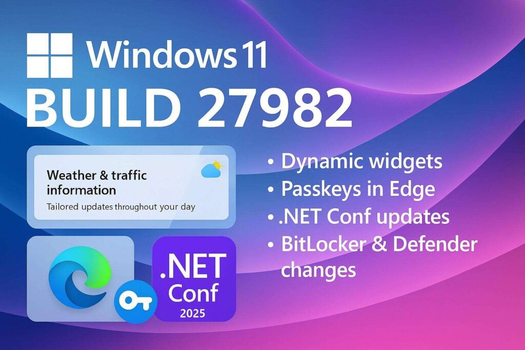 Microsoft rilascia la build 27982 di Windows 11 con widget dinamici passkey in Edge e novita su .NET Conf 2025 affrontando bug BitLocker e la rimozione di Defender Application Guard