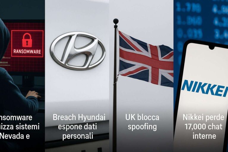 Ransomware al Nevada, breach Hyundai e Nikkei. Milioni spesi in ripristino e UK dichiara guerra allo spoofing 7 Ransomware paralizza sistemi del Nevada e costa oltre 119 milioni di euro breach Hyundai espone dati personali UK blocca spoofing e Nikkei perde 17.000 chat interne