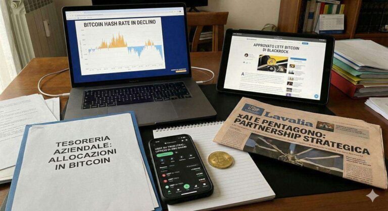 Bitcoin hash rate declino BlackRock ETF Bitcoin xAI Pentagono partnership treasury Bitcoin aziendali USDT Tron Abu Dhabi