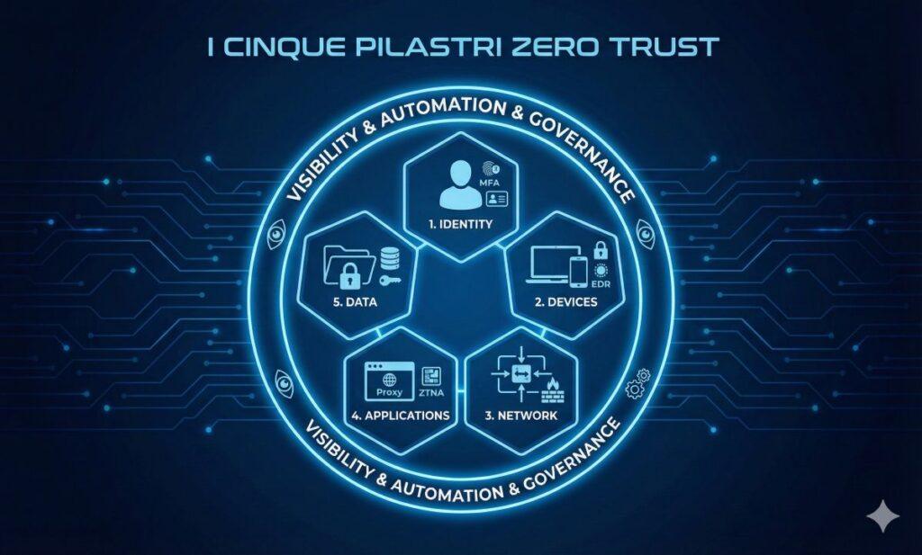 Zero Trust: Guida definitiva al modello di sicurezza "Never Trust, Always Verify" 7 Diagramma dei 5 pilastri Zero Trust Identita Device Rete App Dati