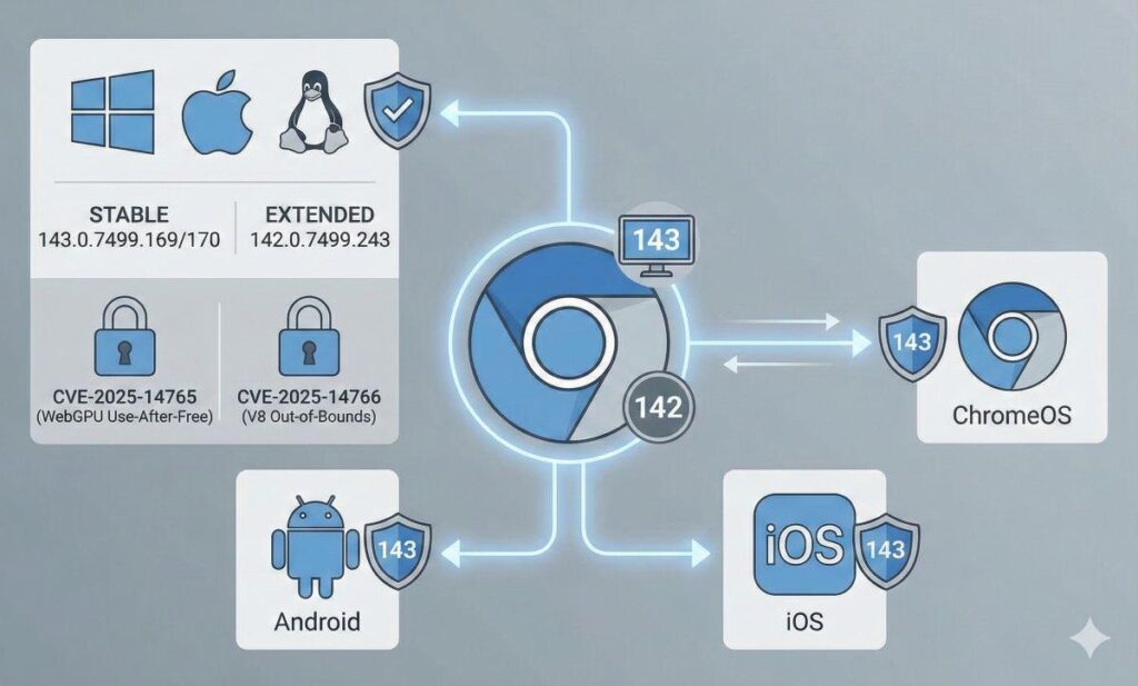 Infografica che mostra le versioni di Chrome aggiornate per Desktop Android iOS e ChromeOS con i relativi CVE corretti