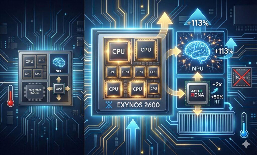 Infografica comparativa tra Exynos 2500 e Exynos 2600