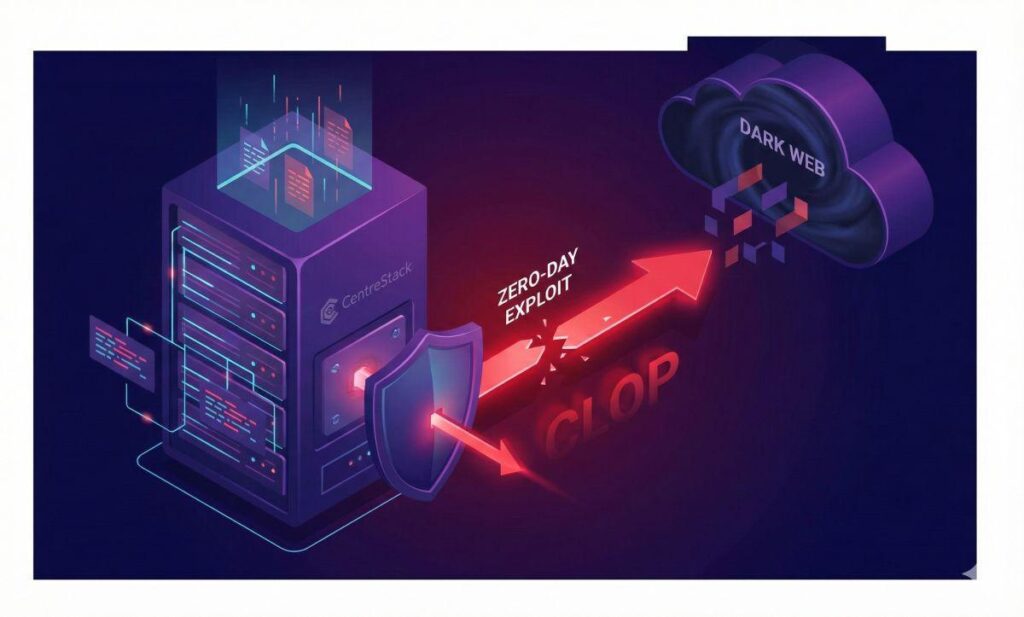 Rappresentazione grafica del flusso di attacco zero day su un server aziendale con esfiltrazione dati verso il dark web