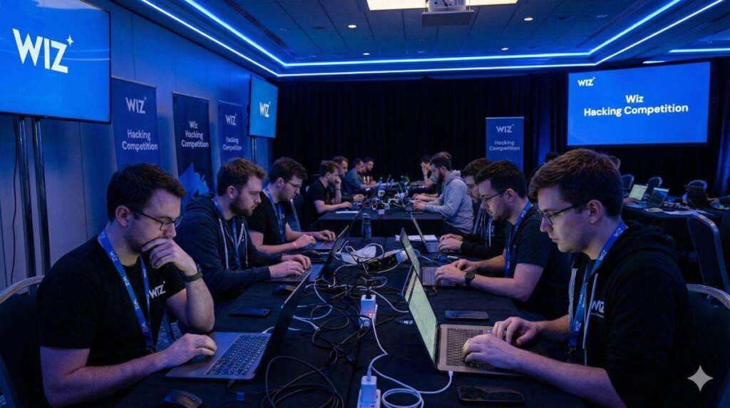 Ricercatori di sicurezza al lavoro su laptop in una sala conferenze illuminata da luci blu e loghi Wiz