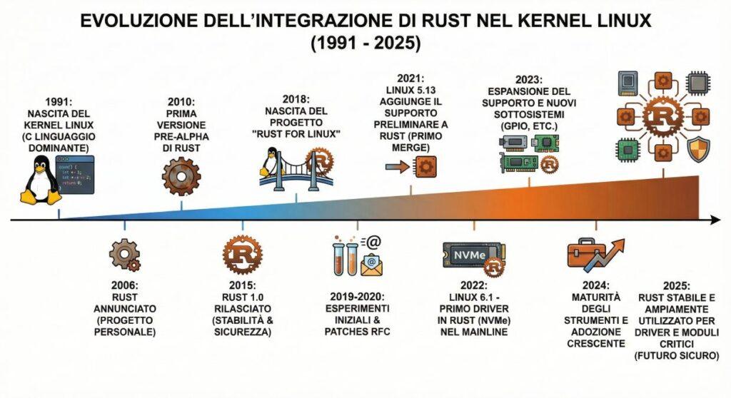 Timeline adozione Rust nel Kernel Linux