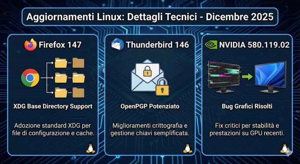aggiornamenti linux firefox 147 xdg thunderbird nvidia driver
