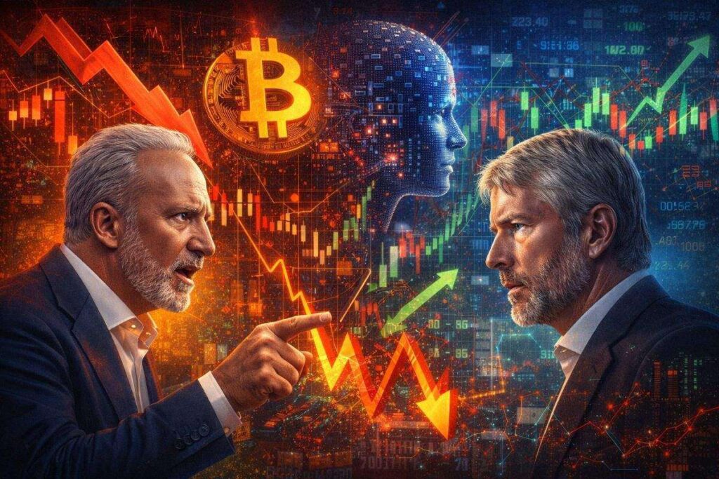 Schiff critica la strategia Bitcoin di Saylor mentre i mercati oscillano tra crypto, AI e metalli 2 schiff saylor bitcoin