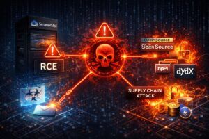 schema che collega RCE su server email e supply chain attack su pacchetti open