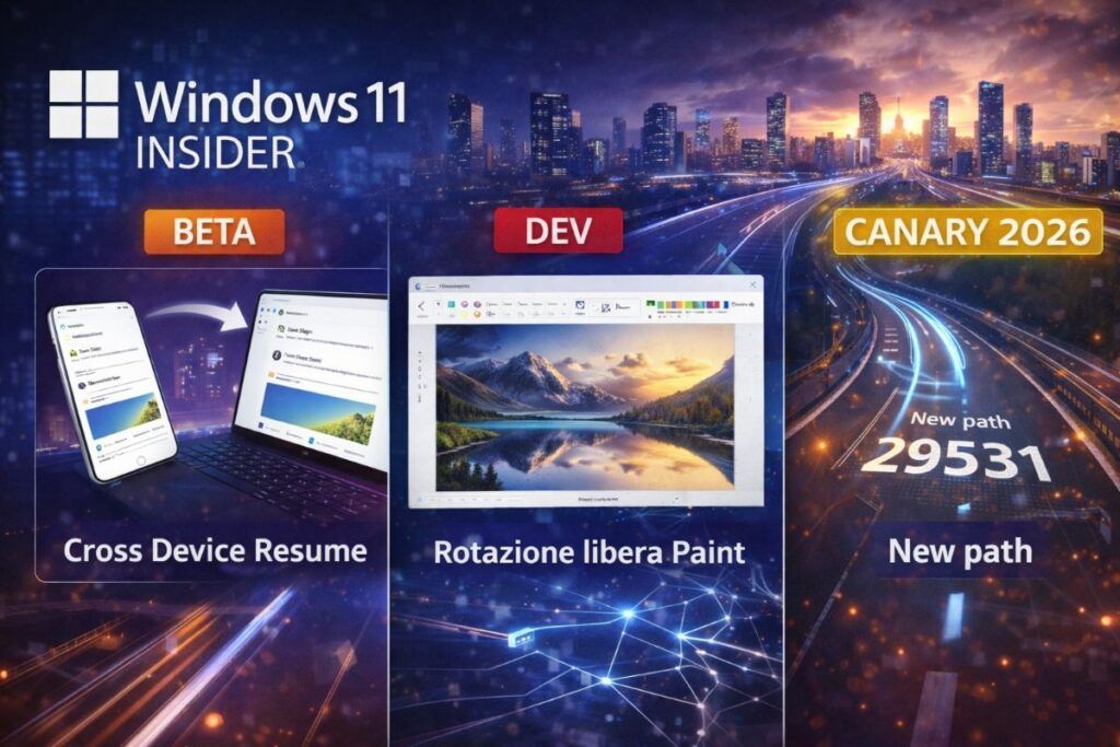 Windows 11 Insider 2026 accelera, Cross Device Resume e build 29531 cambiano rotta 2 windows 11 insider build 26220 26300 28020 29531