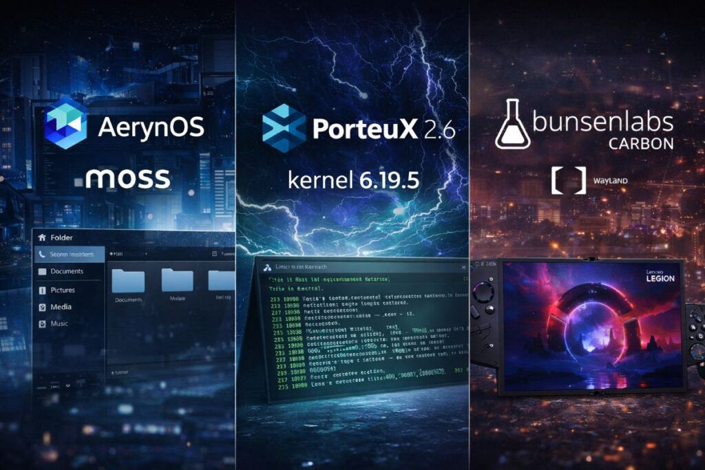 AerynOS accelera moss, PorteuX 2.6 aggiorna il kernel, BunsenLabs Carbon spinge Wayland 2 aerynos porteux bunsenlabs aggiornamenti febbraio 2026