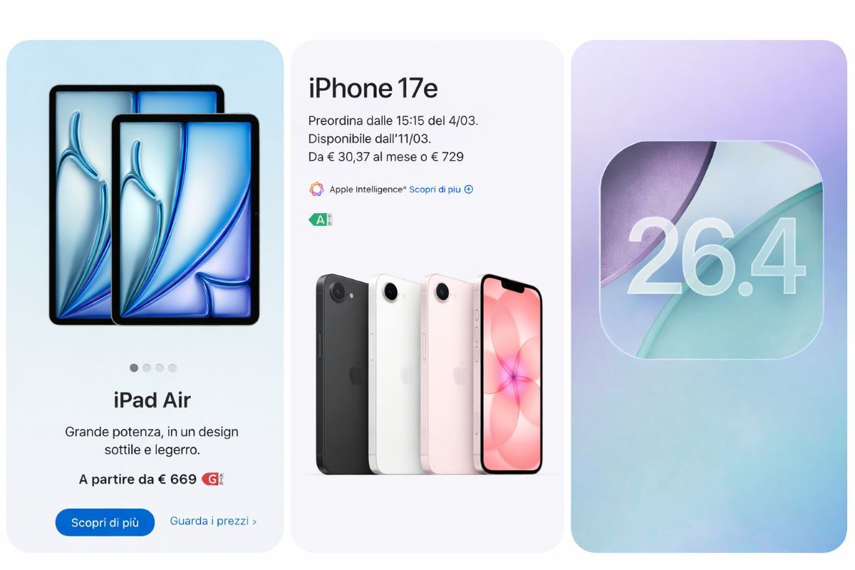 Apple iPhone 17e a 729 euro, iPad Air M4 e iOS 26.4 beta 3