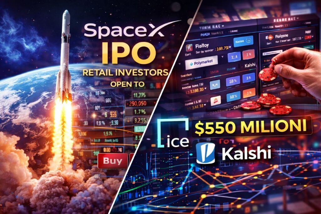 Scommesse o Investimenti? ICE punta 550 milioni su Polymarket mentre Kalshi ottiene la "licenza maratona" 2 spacex ipo retail allocation polymarket ice kalshi