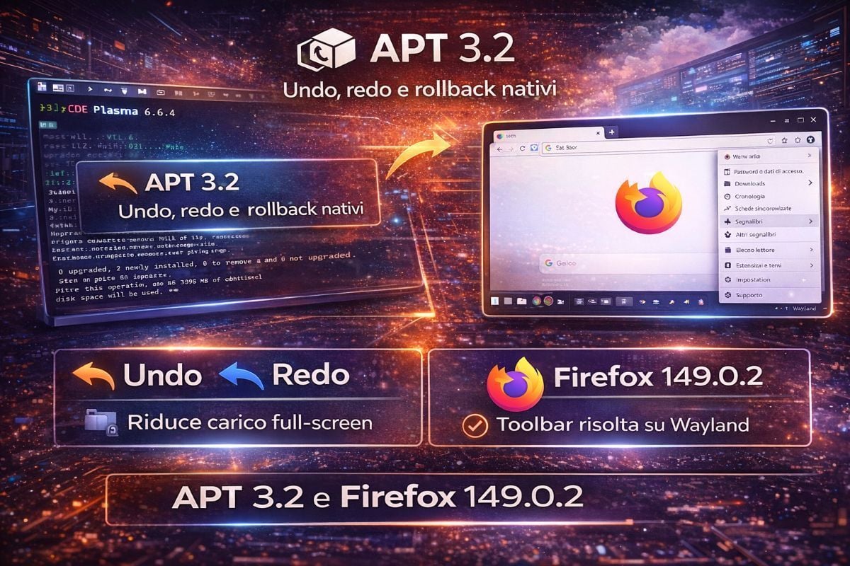 Debian APT 3.2 porta undo e rollback, Firefox 149.0.2 corregge Wayland ...