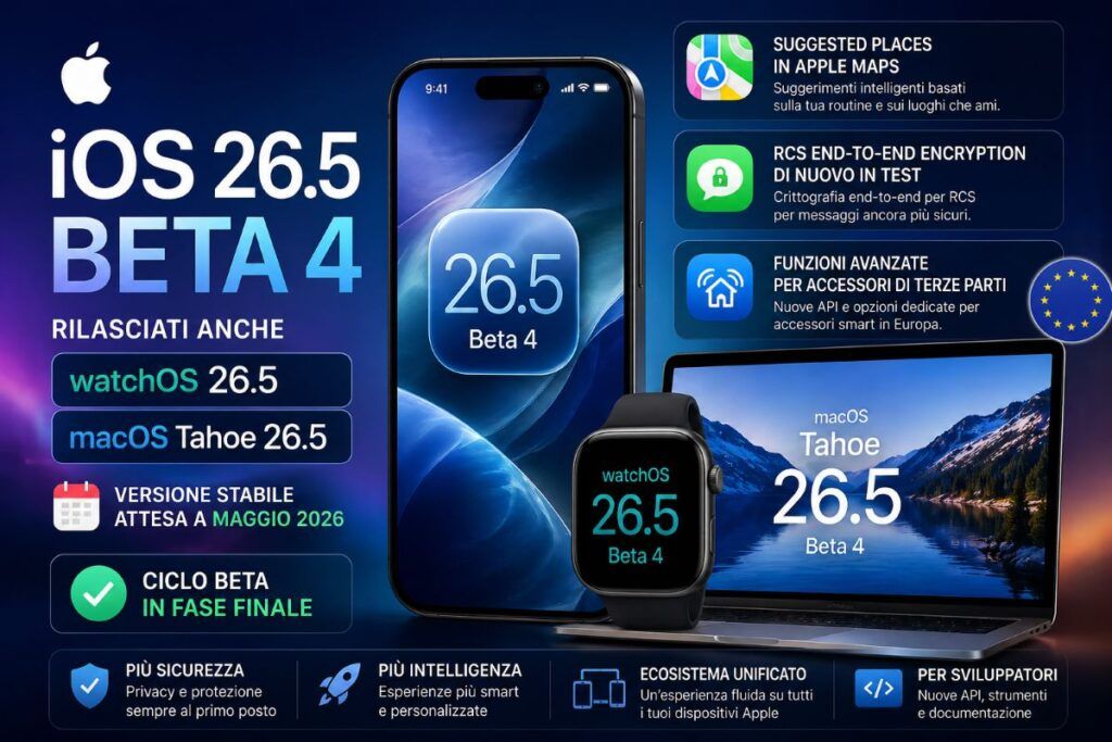 iOS 26.5 Beta 4 watchOS 26.5 Beta 4 e macOS Tahoe 26.5 Beta 4