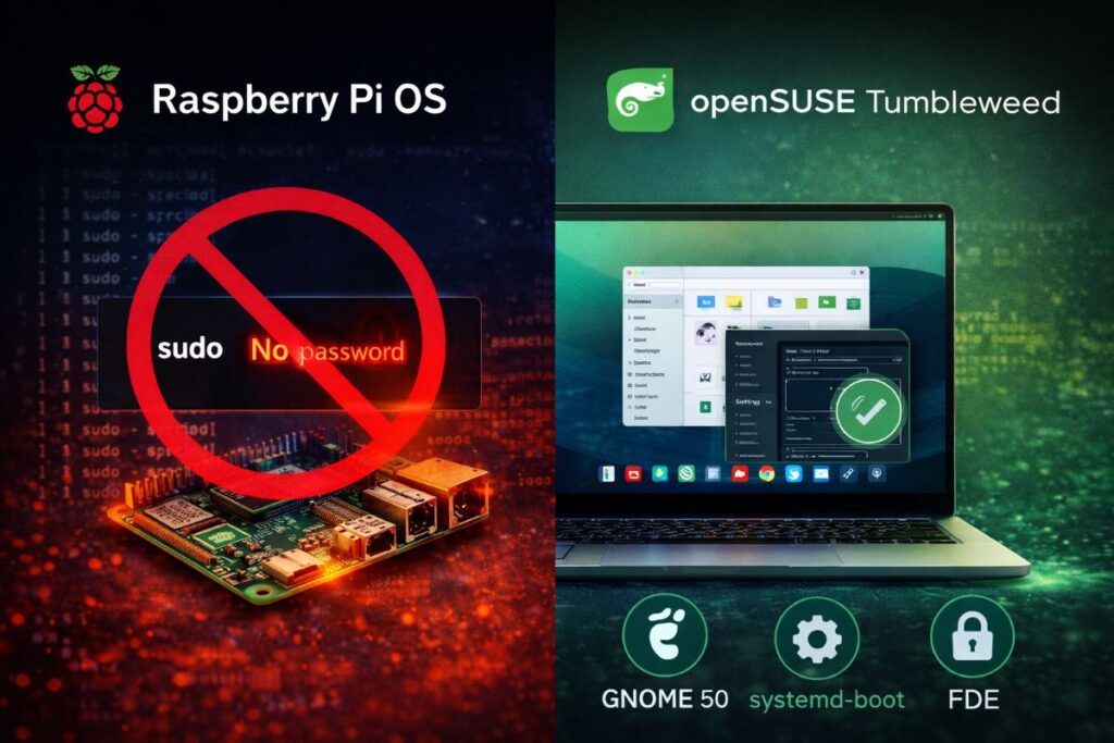 Raspberry Pi OS disabilita sudo senza password e openSUSE integra GNOME 50 2 raspberry pi opensuse gnome50