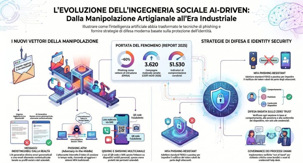 Evoluzione ingegneria sociale AI infografica