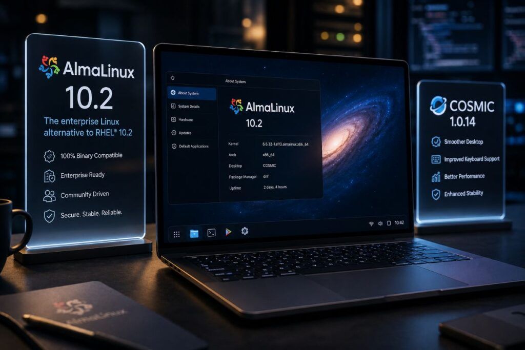 AlmaLinux 10.2 e COSMIC 1.0.14 rafforzano Linux enterprise e desktop 2 almalinux 10 2 cosmic 1 0 14
