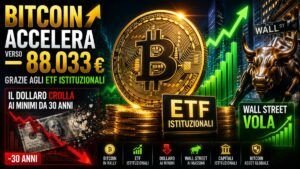Bitcoin verso gli 88.000 euro: record istituzionali e crollo del dollaro