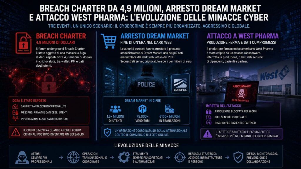 Breach Charter Communications da 4,9 milioni, arresto Dream Market e attacco West Pharma 4 charter dream breach