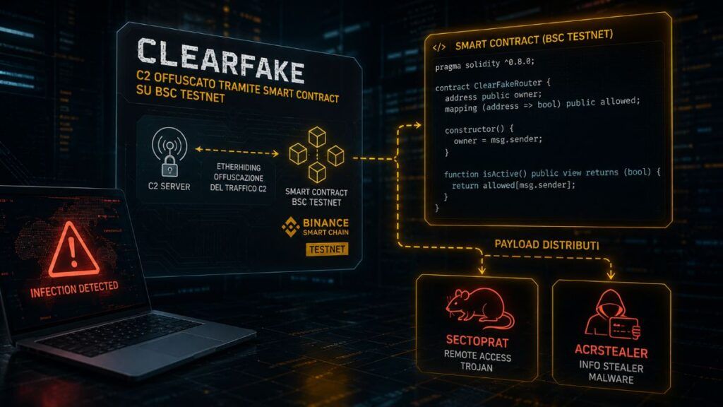 EtherHiding: ecco come ClearFake usa smart contract su BSC Testnet per nascondere il C2 2 clearfake smart contract etherhiding