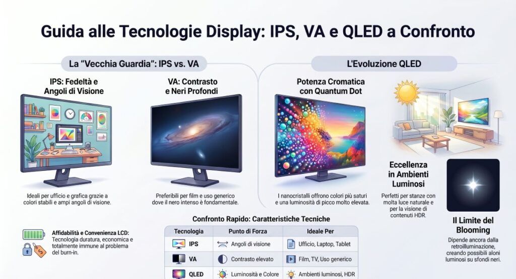Guida ai display: AMOLED, Tandem OLED, Micro-LED e futuro della visione digitale 4 confrontro display infografica