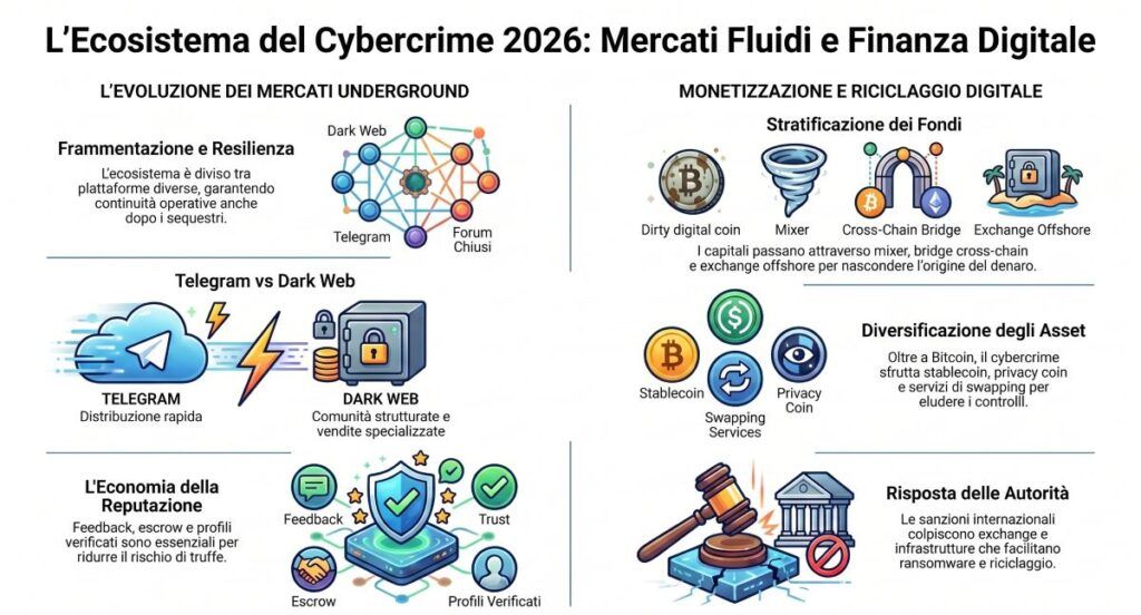 cybercrime infografica social darkweb riciclaggio