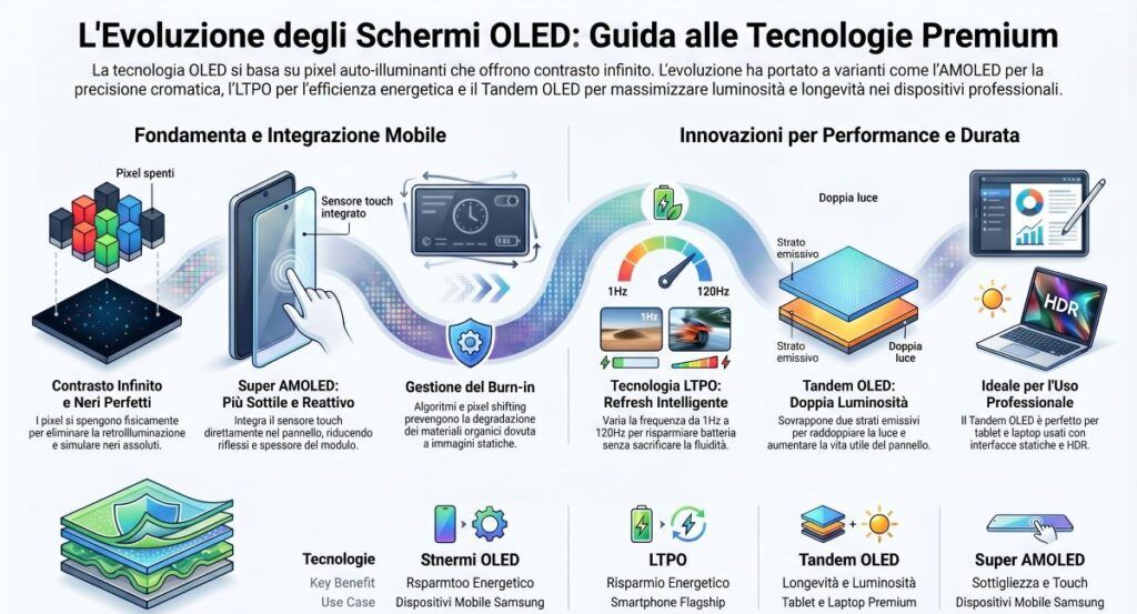 Guida ai display: AMOLED, Tandem OLED, Micro-LED e futuro della visione digitale 8 differenze oled infografica