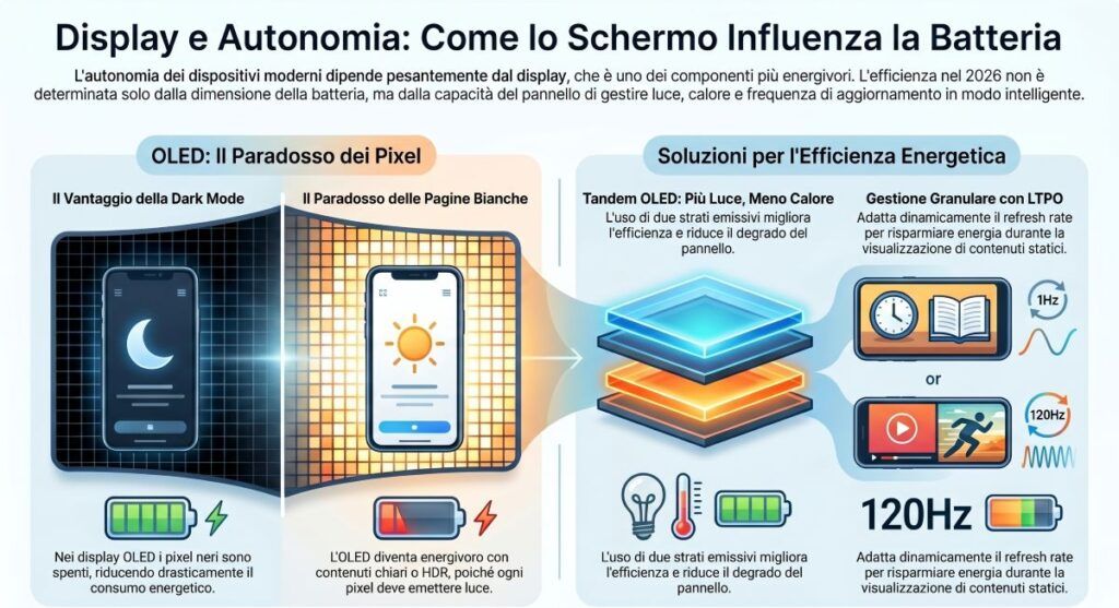 Guida ai display: AMOLED, Tandem OLED, Micro-LED e futuro della visione digitale 9 display autonomia infografica