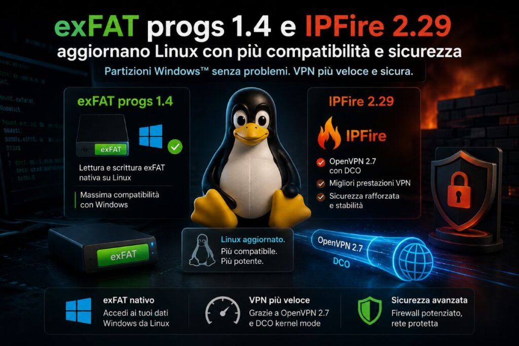 exFAT progs 1.4 e IPFire 2.29 rafforzano Linux tra storage e VPN 3 exFAT progs 1.4 e IPFire 2.29 Core Update 202 infografica