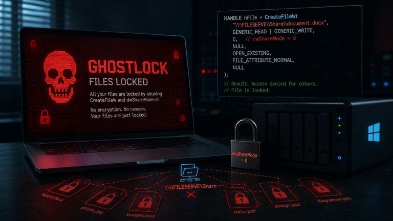 GhostLock blocca file Windows abusando CreateFileW e condivisioni SMB 3 ghostlock createfilew smb