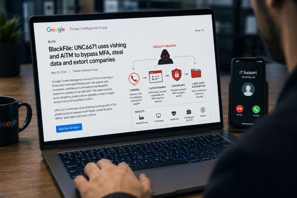 Google smaschera BlackFile, l’operazione di estorsione vishing contro Microsoft 365 2 google blackfile vishing aitm