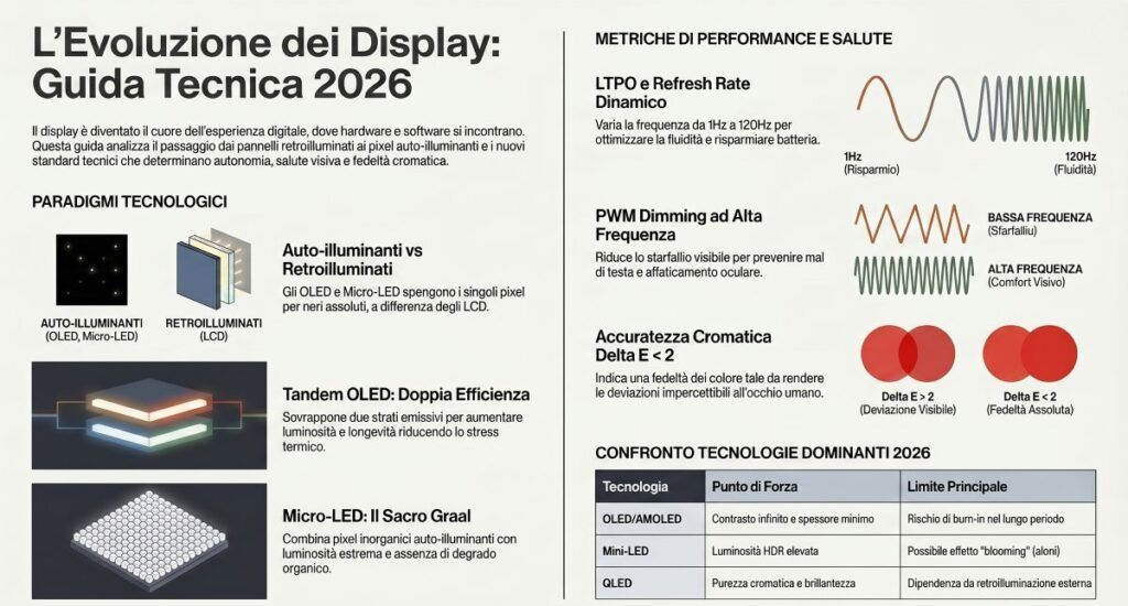 Guida ai display: AMOLED, Tandem OLED, Micro-LED e futuro della visione digitale 3 infografica display
