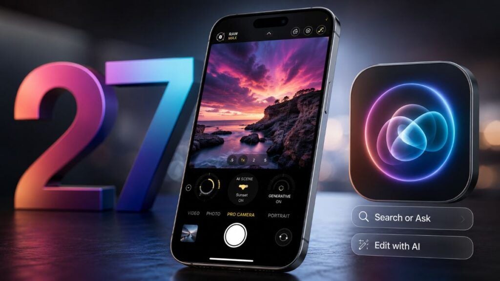 iOS 27 Mega-Leak: svelata la nuova "Pro Camera", Siri riprogettata e la "Search or Ask" 2 ios 27 pro camera siri search or ask apple intelligence copertina