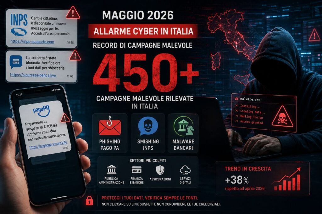 Maggio 2026 da record: oltre 450 attacchi cyber contro cittadini, banche e PA 2 maggio 2026 cert agid