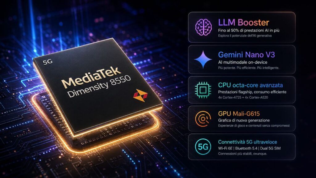 mediatek dimensity 8550 gemini nano v3 llm booster infografica