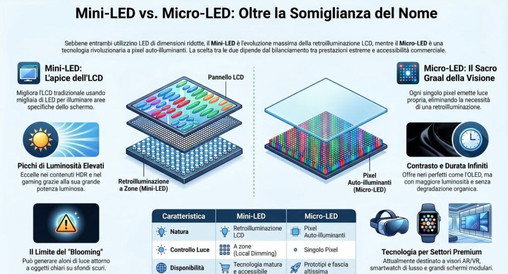 Guida ai display: AMOLED, Tandem OLED, Micro-LED e futuro della visione digitale 7 mini vs micro led