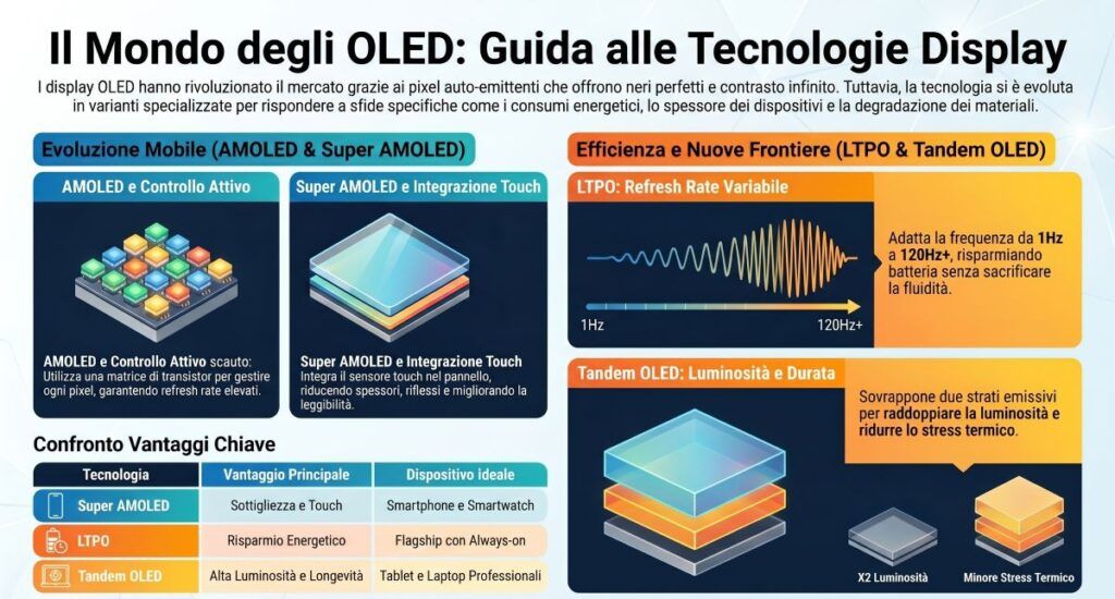 Guida ai display: AMOLED, Tandem OLED, Micro-LED e futuro della visione digitale 6 mondo oled tecnologia infografica